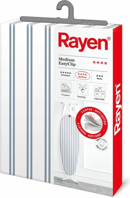 Mbulesë universale për dërrasë hekurosjeje Rayen 611206, 130x47 cm, pambuk 100%, EasyClip, me shtresë shkumë, blu/bardhë me vija