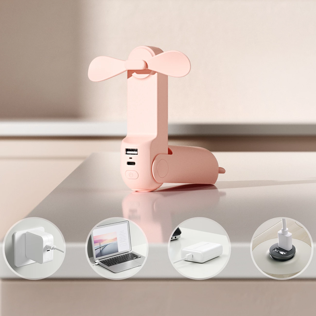 Ventilator dore portativ Jisulife Life8 2000mAh 3-në-1 (ventilator + llambë LED + power bank) USB-C/USB-A, rozë, set me kabllo USB-C + litar + manual