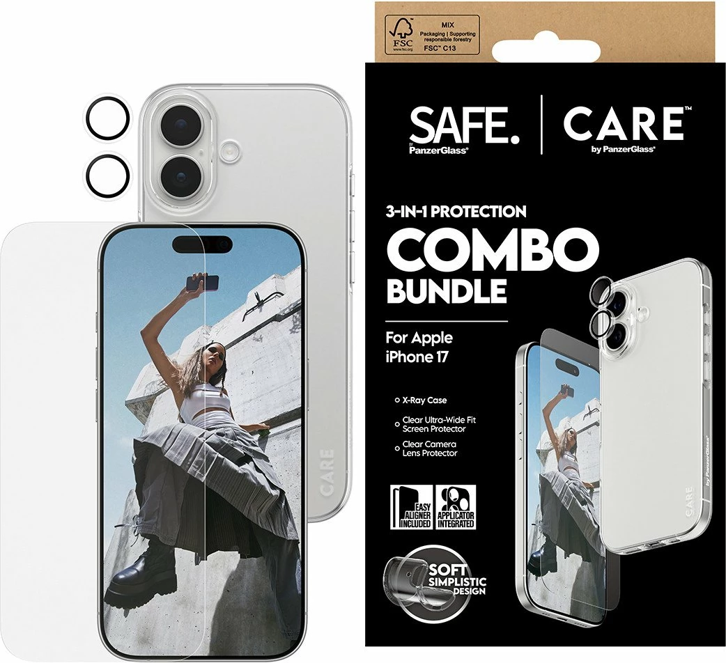 Set mbrojtës 3në1 Mbështjellës + xham i kalitur + mbrojtës lente PanzerGlass CARE CR56180 për iPhone 17, transparente