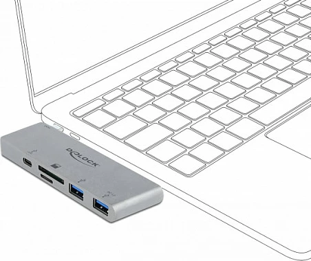 USB-C hub DeLOCK 64078, 2x USB-A + 1x USB-C, lexues SD/microSD, USB PD, gri