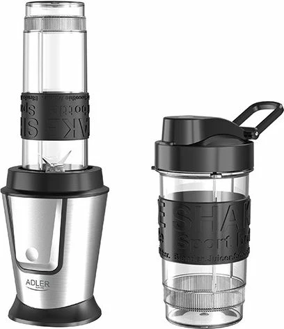 blender sportiv ADLER AD 4081, 570 ml + 400 ml, Tritan BPA-free, 4 tehe inox, argjend/zezë, set 2 shishe
