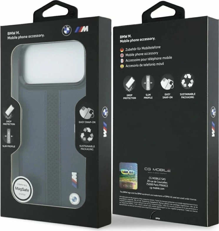 Kutí telefoni BMW M Perforated Stripe Logo MagSafe për iPhone 17 Pro Max, kaltër e errët