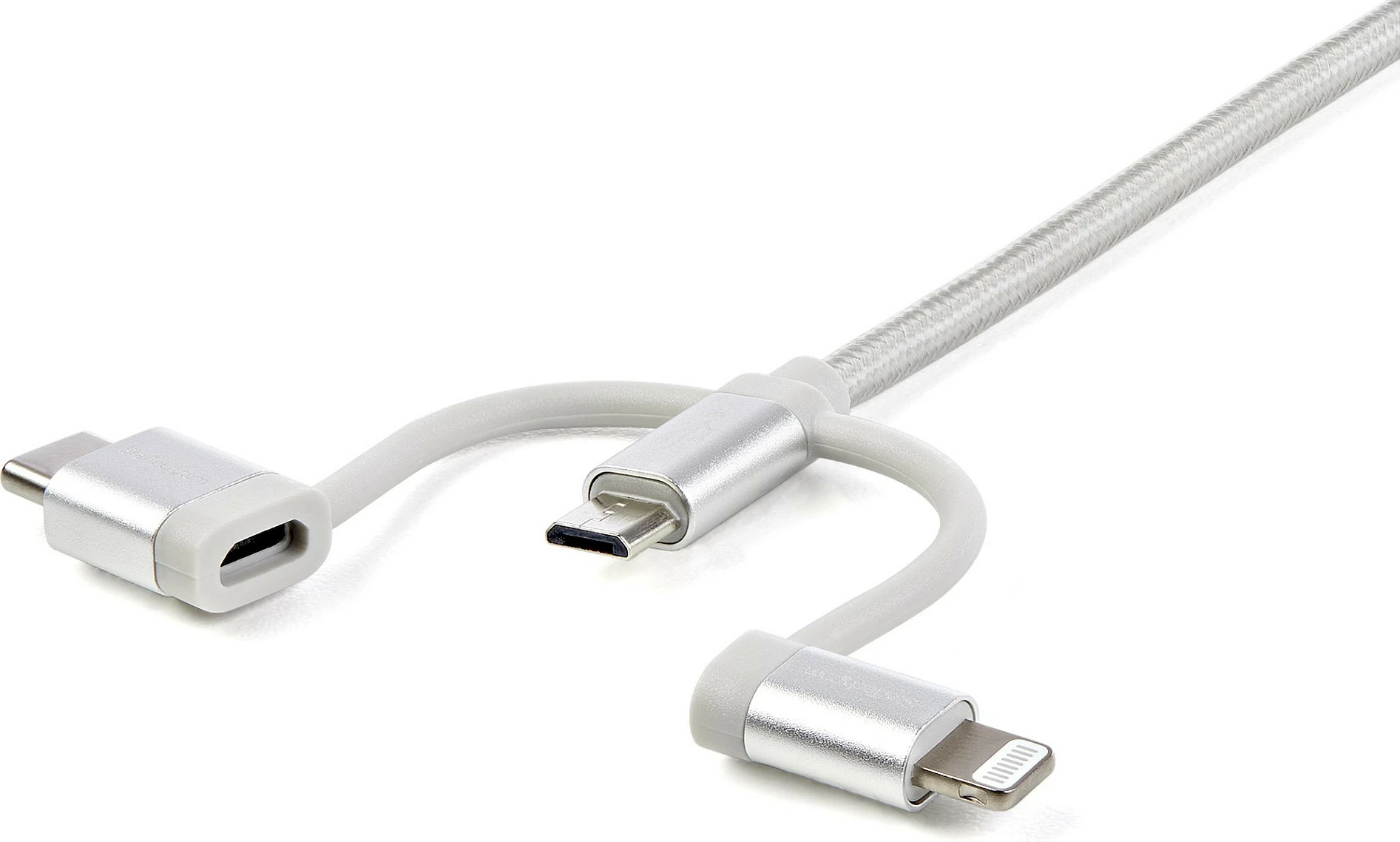 Kabllo karikimi 3-n-1 StarTech LTCUB1MGR, USB-A në Micro-USB/USB-C/Lightning, 1 m, e thurur, argjendtë