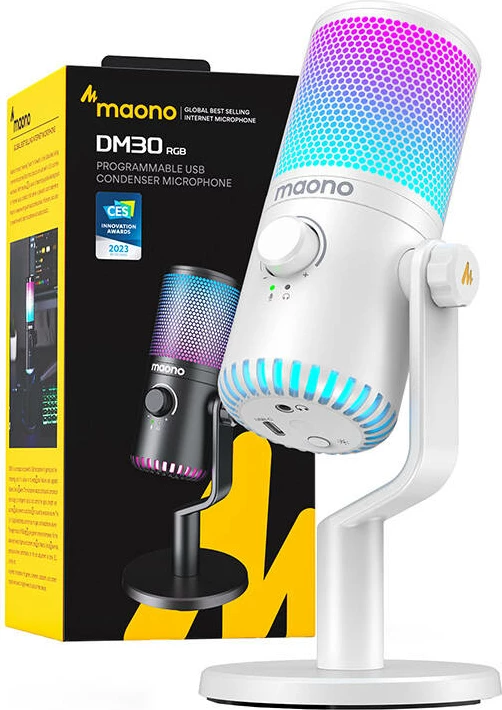 Mikrofon gaming Maono DM30RGB, kondensator, me ndriçim RGB, i bardhë