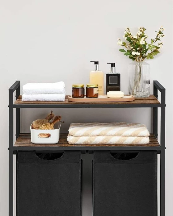 Kosh rrobash VASAGLE BLH211B01, 2 ndarje (2 shporta 2x46 L), me 2 rafte, 73x33x91 cm, kafe rustike/zi