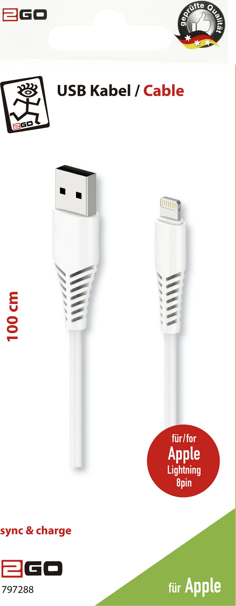 Kabllo 2GO 797288 Lightning në USB, 1 m, e bardhë