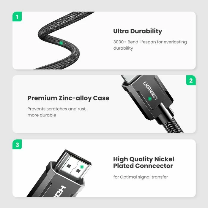 kabl HDMI UGREEN 80602 HDMI 2.1, 3m, 8K@60Hz / 4K@120Hz, 48Gbps, eARC, HDR, me kuti, e zezë