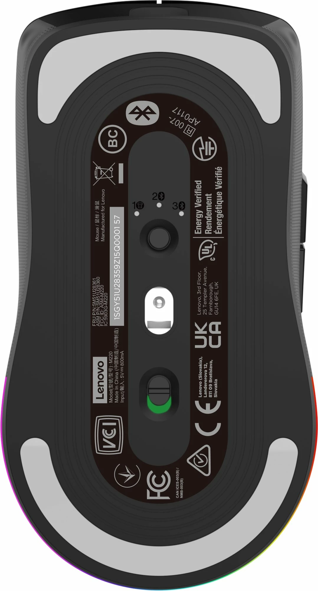 Maus Lenovo Legion M220 (GY51U28359), 5000 DPI, RGB, tri-mode 2.4GHz/Bluetooth/USB, e zezë