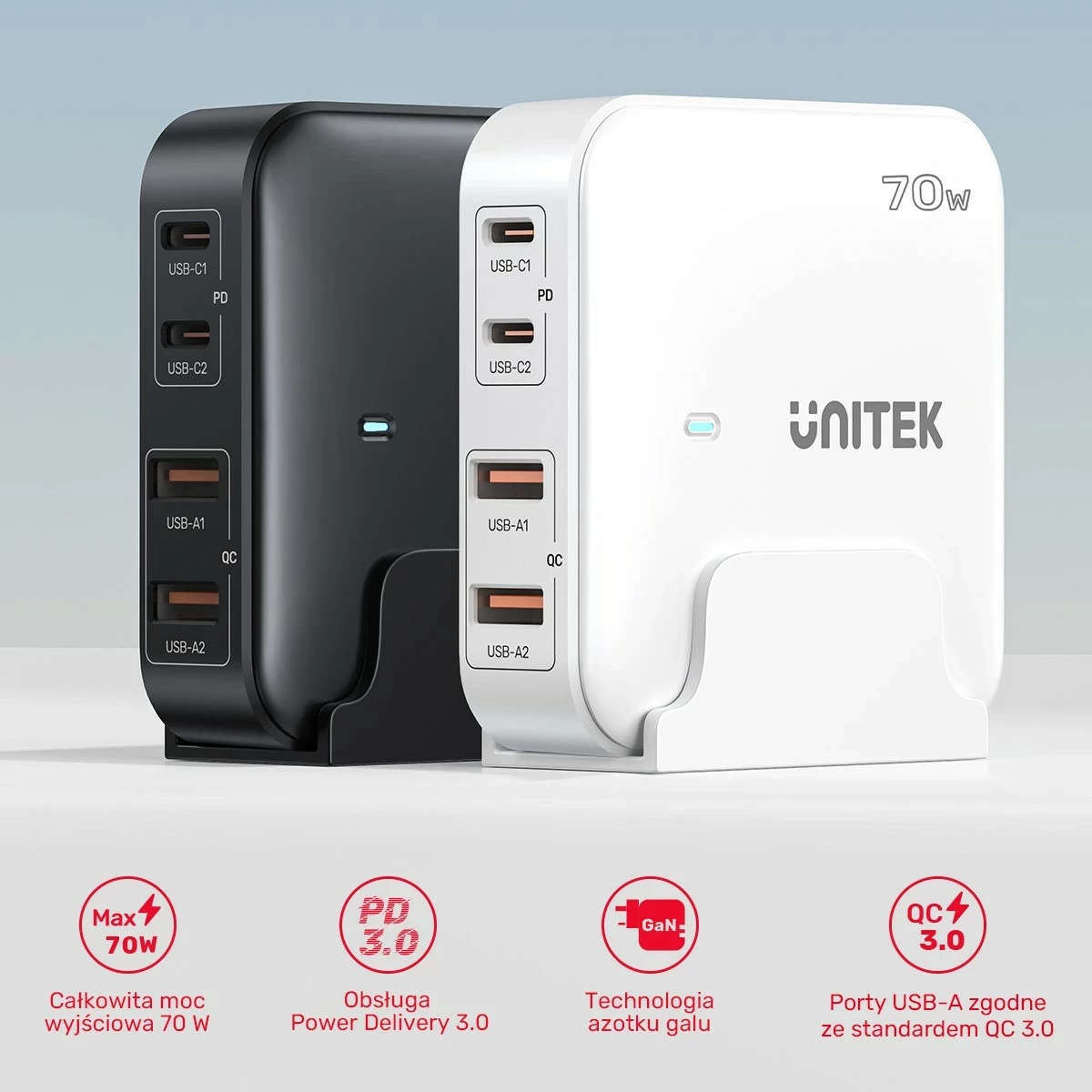 Karikues tavoline Unitek GaN 70W 2xUSB-A 2xUSB-C