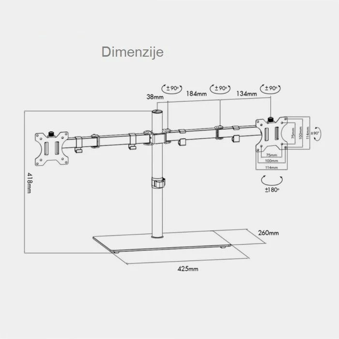 Mbajtëse tavoline për dy monitorë VONHAUS 3000484 13-27\", bazë xhami, e zezë