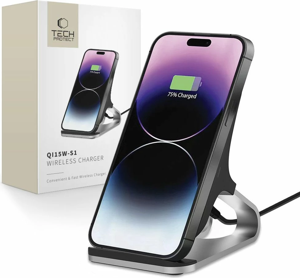 Karikues wireless Tech-Protect QI15W-S1, 15W, me qëndrim, i zi