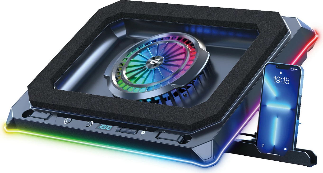Cooling pad për laptop Conceptronic, USB-C, ventilator 130mm, mbajtës telefoni, me RGB