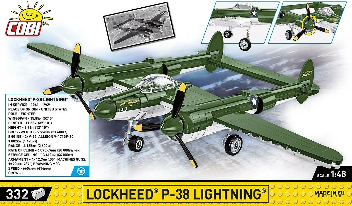 Set ndërtimi Cobi Klocki Lockheed P-38 Lightning, 332 pjesë, Jeshile