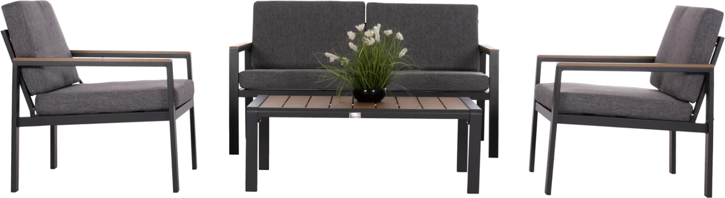Set lounge për jashtë, 4 pjesë, alumin & stof OLEFIN, ngjyrë gri e errët, polywood, SAFIN FH6278.03