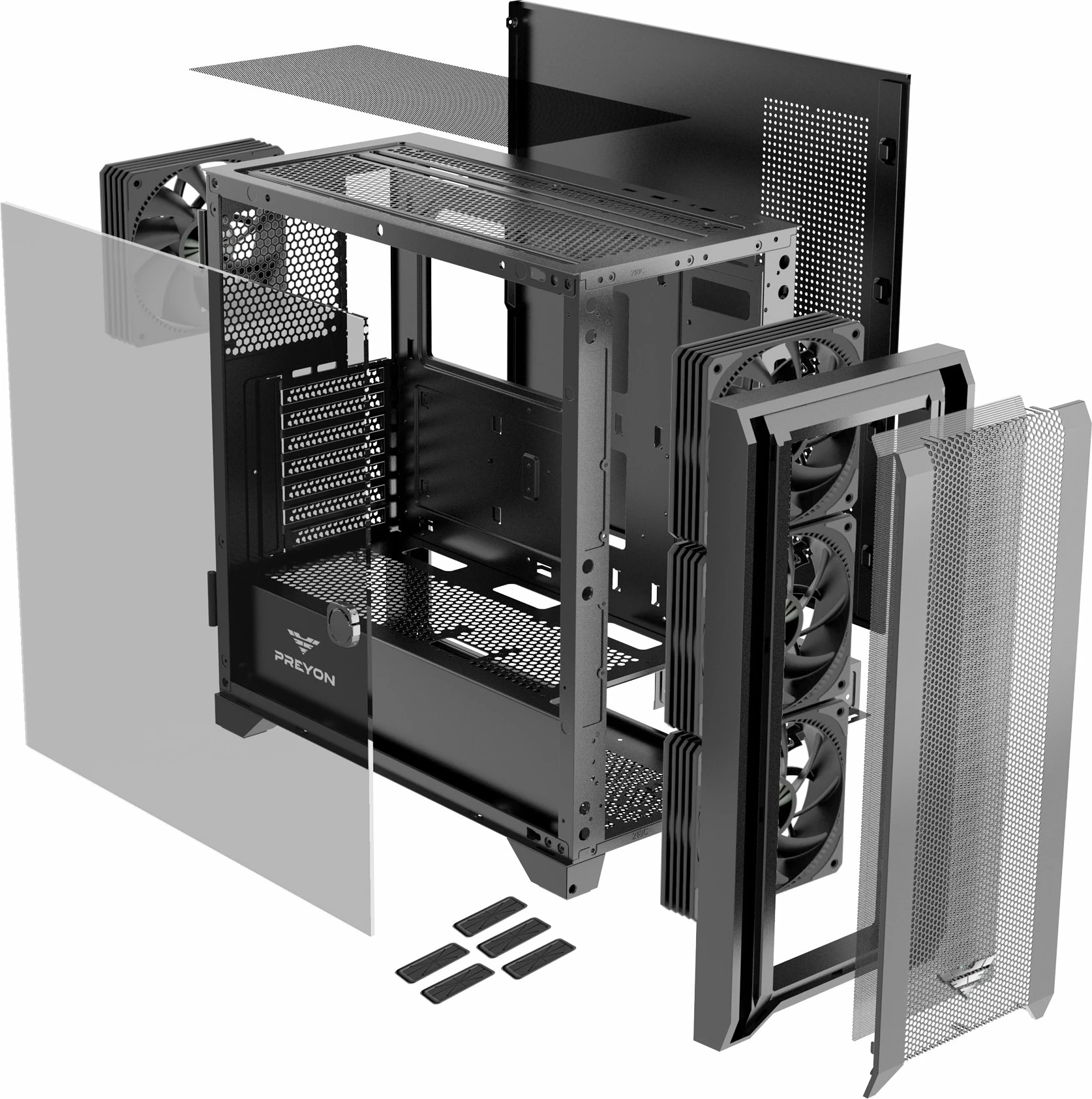Kasë PREYON Nest Windy PRENW04B Midi Tower ATX/mATX/Mini-ITX, USB-C, tempered glass, 4x 120mm PWM fan, e zezë
