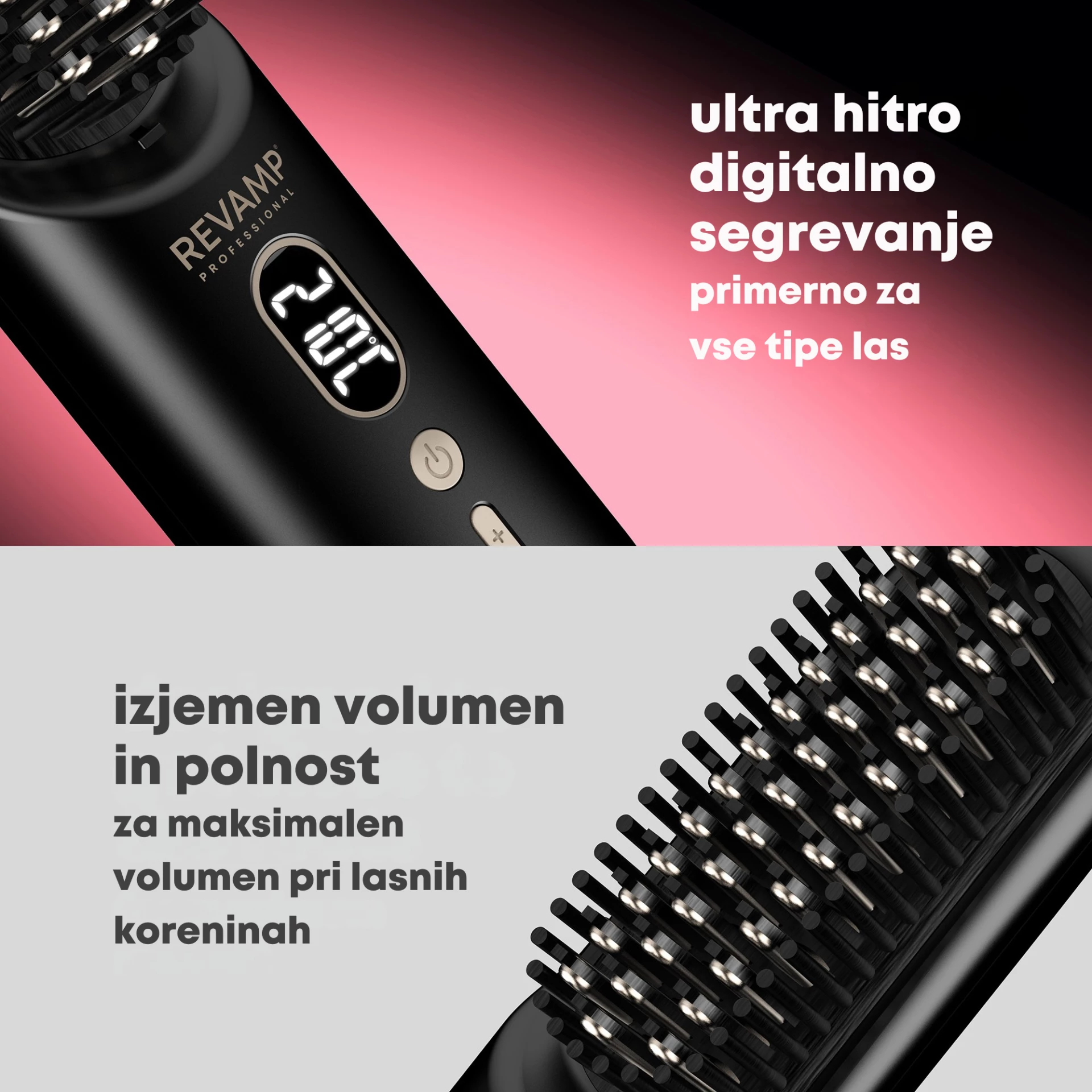 Brushë e nxehtë pa kabllo Revamp Straight & Go BR-1950, jonike, 120–210°C, LCD, e zezë, me çantë udhëtimi + kabllo USB-C