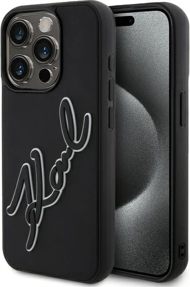 Mbështjellës Karl Lagerfeld 3D Rubber Signature për iPhone 15 Pro, i zi