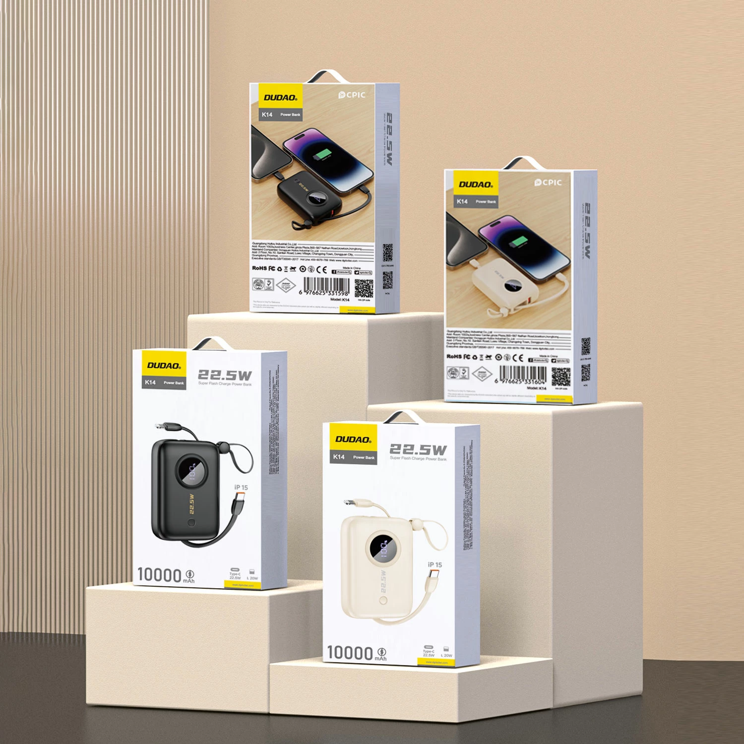 Powerbank Dudao K14, 10000mAh, me display, USB-C/Lightning, e zezë