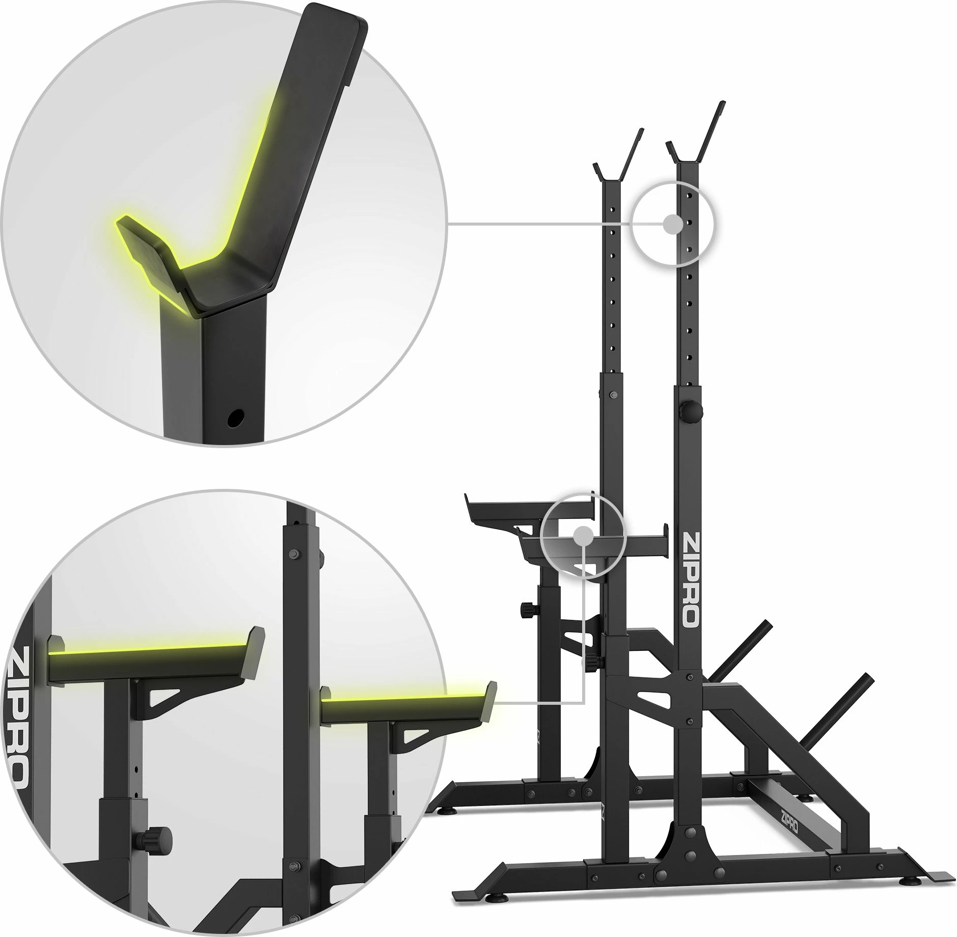 Rack për shtangë Zipro LIFT, i rregullueshëm me safety dhe mbajtëse për disqe, 320 kg, i zi