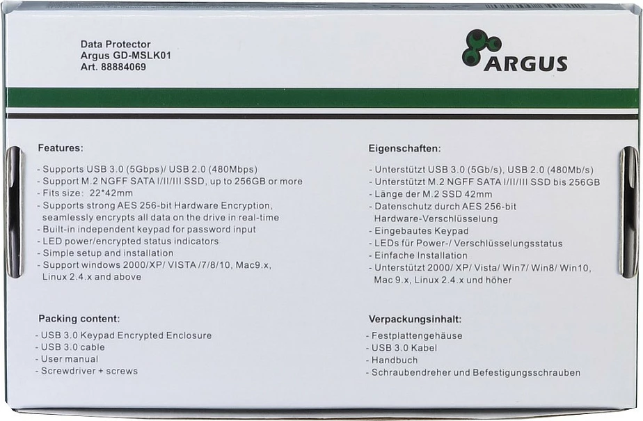 Kasë e jashtme M.2 SSD Inter-Tech GD-MSLK01, USB 3.0, AES 256-bit, e zezë