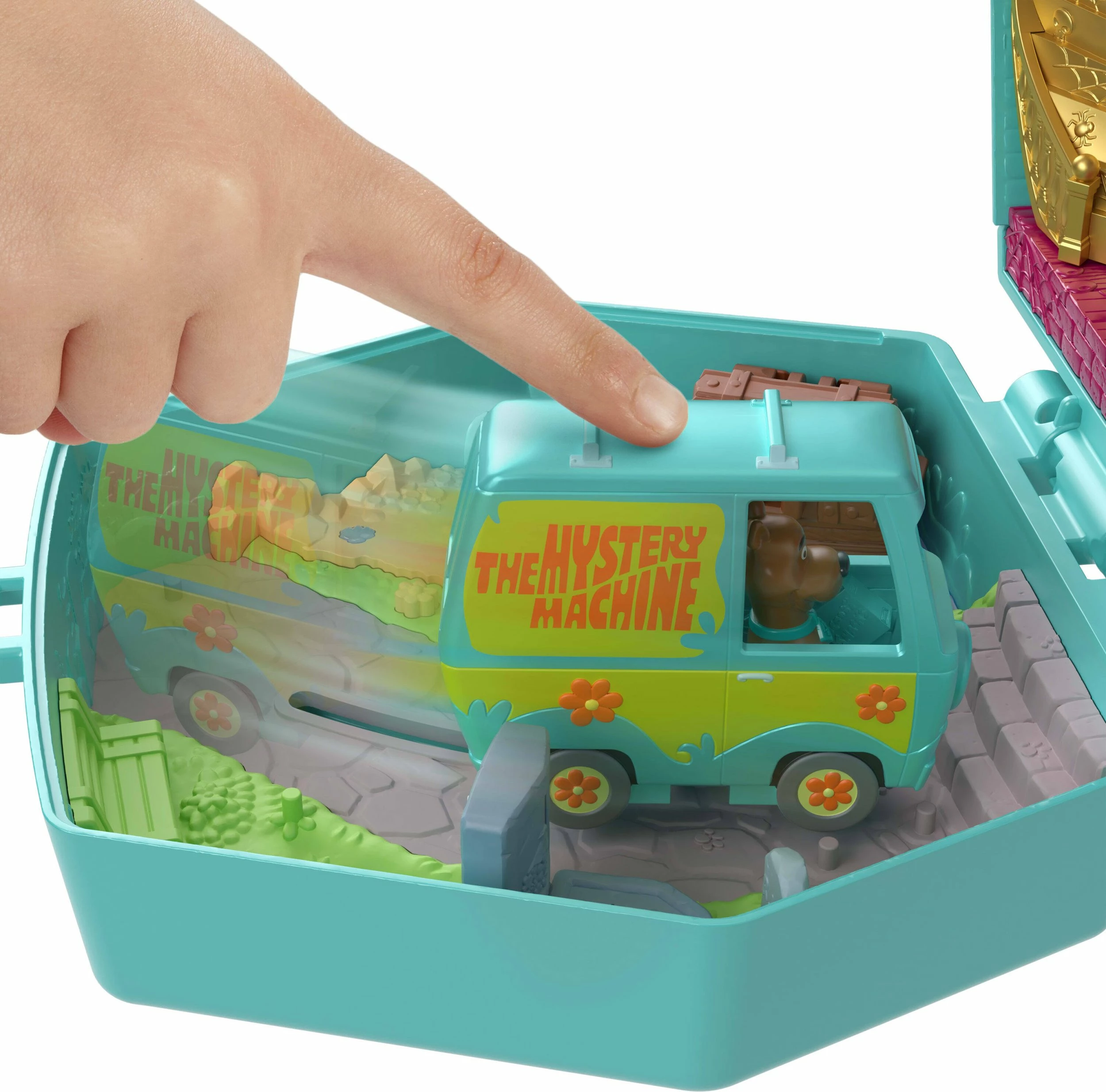 Set lodrash Mattel Polly Pocket x Scooby-Doo Compact Mystery Vehicle JKC85, me mini figura Scooby-Doo dhe Velma, me pjesë të lëvizshme, tirkiz