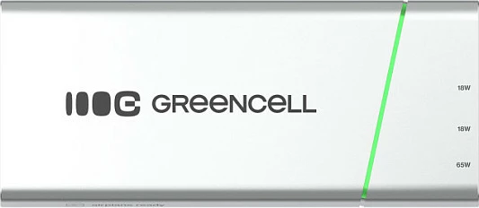 Power bank Green Cell PowerPlay Pro 65W (PBPLGC20P), 20800 mAh, USB-C PD, 3 porta, argjendtë/zi me detaje jeshile