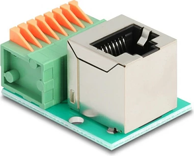 Adapter rrjeti DeLOCK 90653, RJ45 në terminal block 8-pin, këndor 90°, Cat5e, gjelbër/argjend