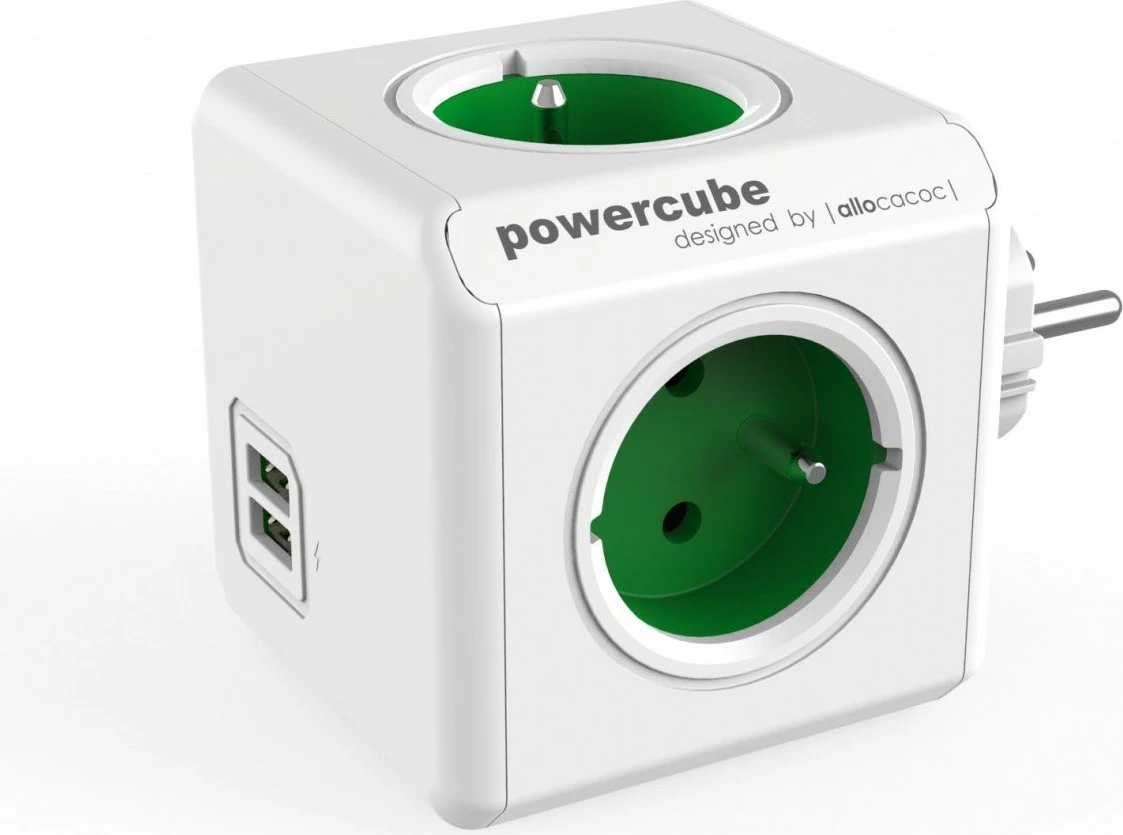Kasë prizash Allocacoc PowerCube Original USB 2202GN, 4 dalje, 2x USB, Gjelbër/Bardhë