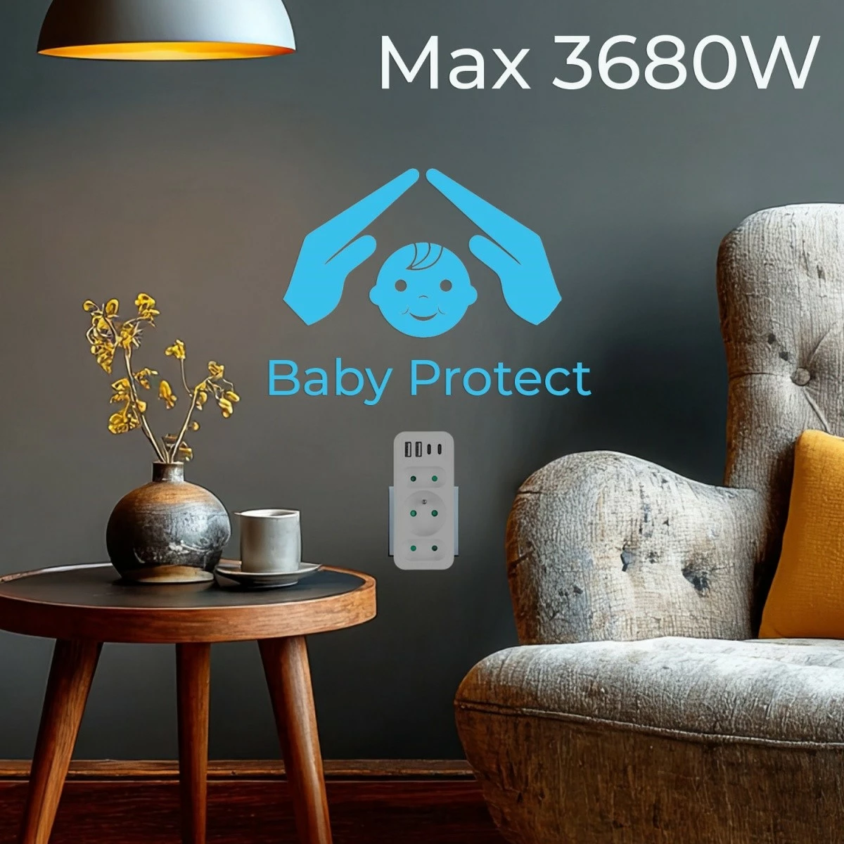 Ndarës prizash Maclean MCE248 F/W, 3 dalje (2 të sheshta + 1 me tokëzim), 2xUSB-A 18W, 2xUSB-C PD 20W, e bardhë