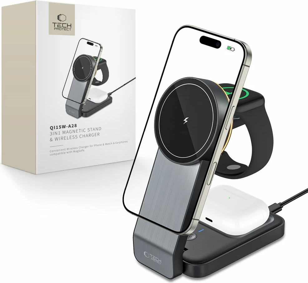 Karikues induktiv 3-në-1 Tech-Protect QI15W-A28 me MagSafe, për smartphone, Apple Watch dhe AirPods, i zi