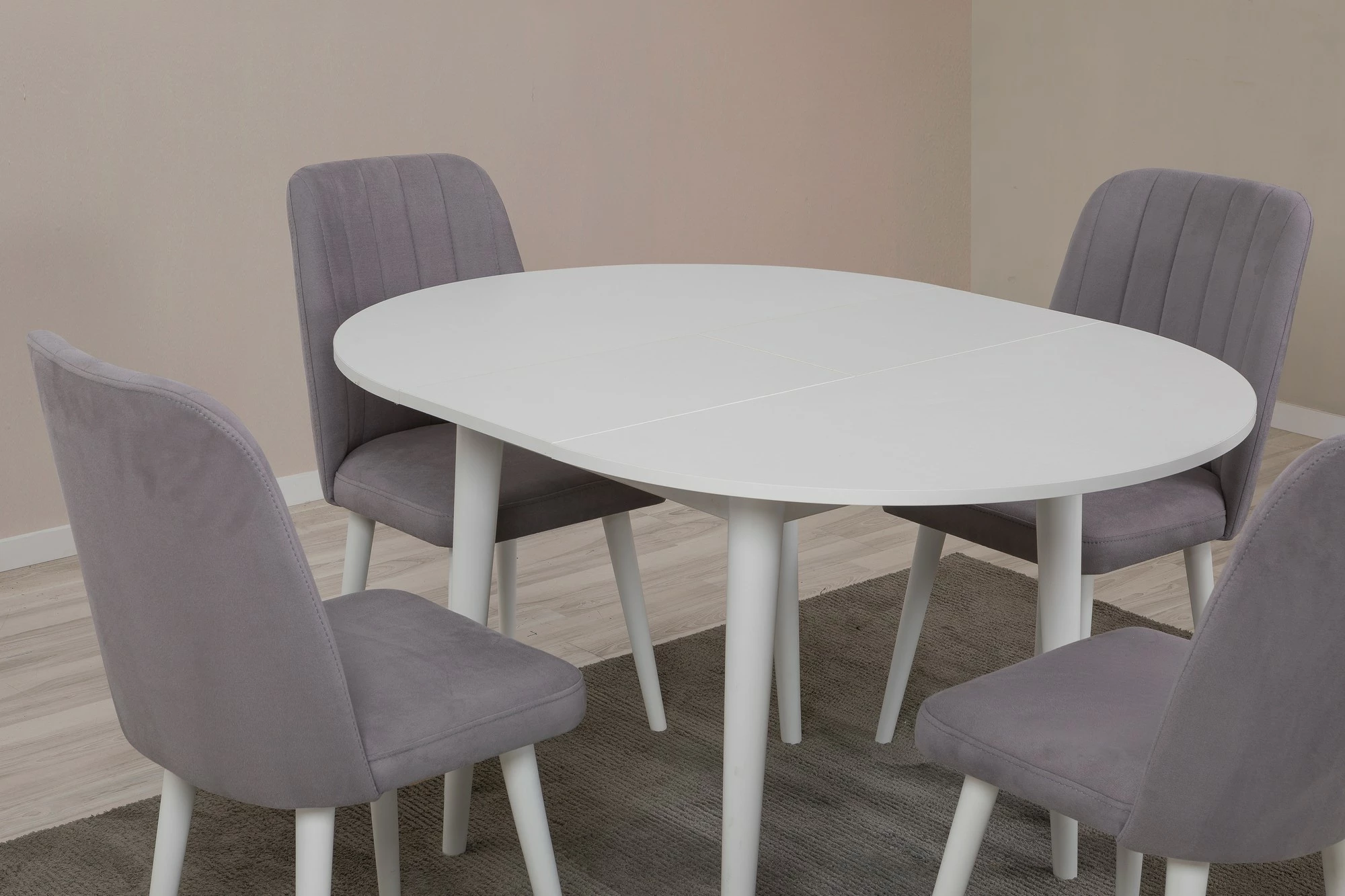 Tavolinë me karrige, zgjatshme, 5 copë, Skye Decor Vina 0701, e bardhë, gri