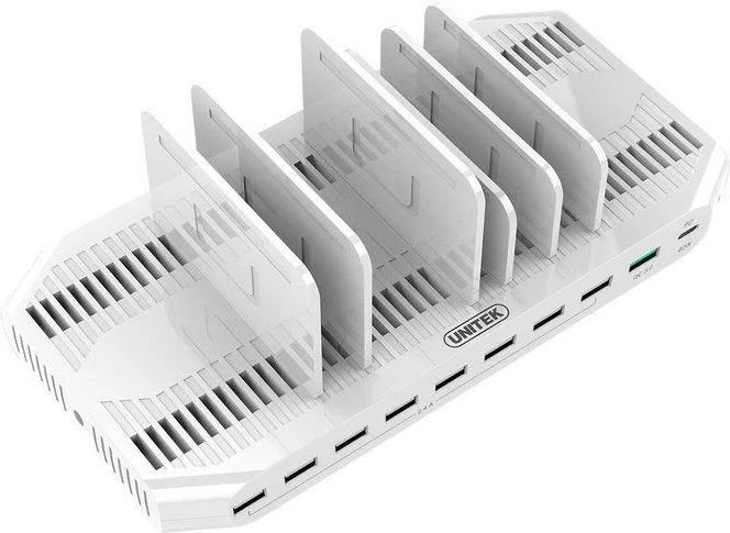 Stacion karikimi Unitek Y-2190, 10 porta USB, QC3.0, USB-C, Bardhë