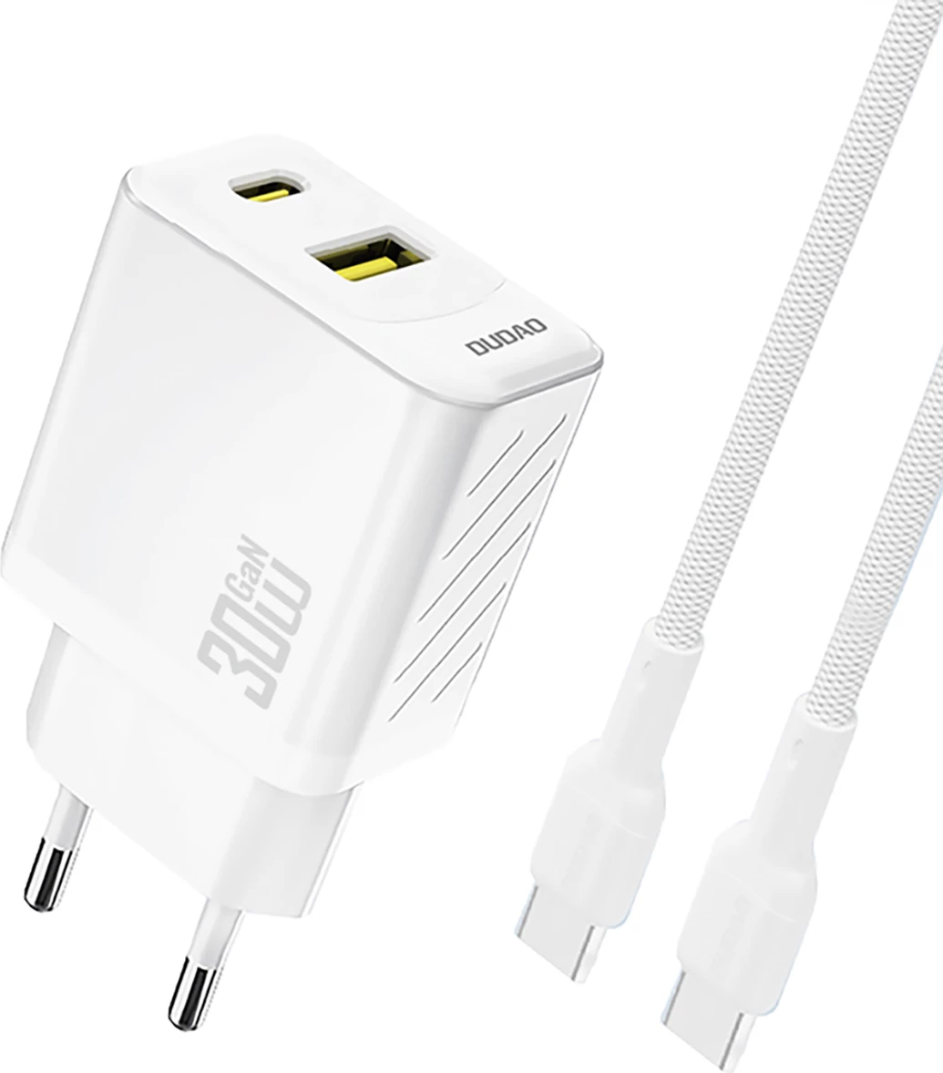 Karikues muri GaN, Dudao A27TCEU, PD 30W, 2 porta USB-C + USB-A, me kabllo USB-C 1 m, bardhë