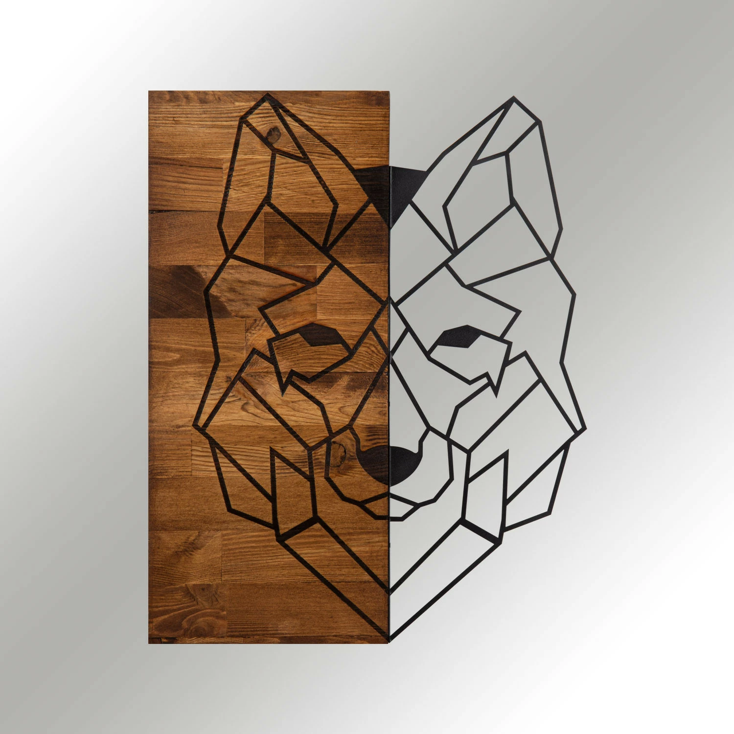 Aksesor dekorativ për mur, dru dhe metal, dizajn ujku, Wallity, ngjyrë e zezë dhe arre, 45.5x58cm