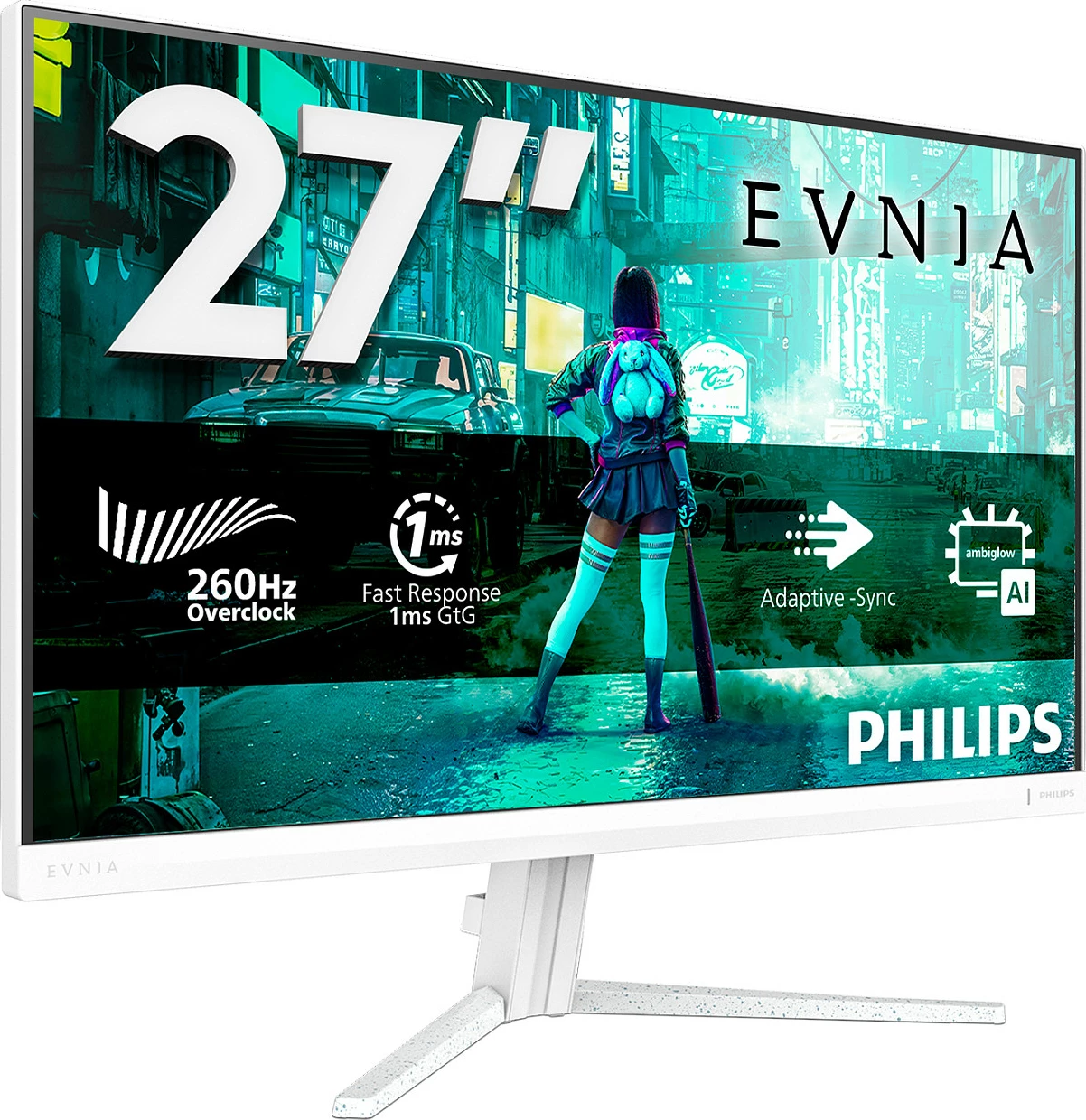 Monitor gaming Philips Evnia 27M2N3201PL/00, 27″ Full HD, Fast IPS, 260Hz, 1ms, HDR10, Adaptive-Sync, i bardhë