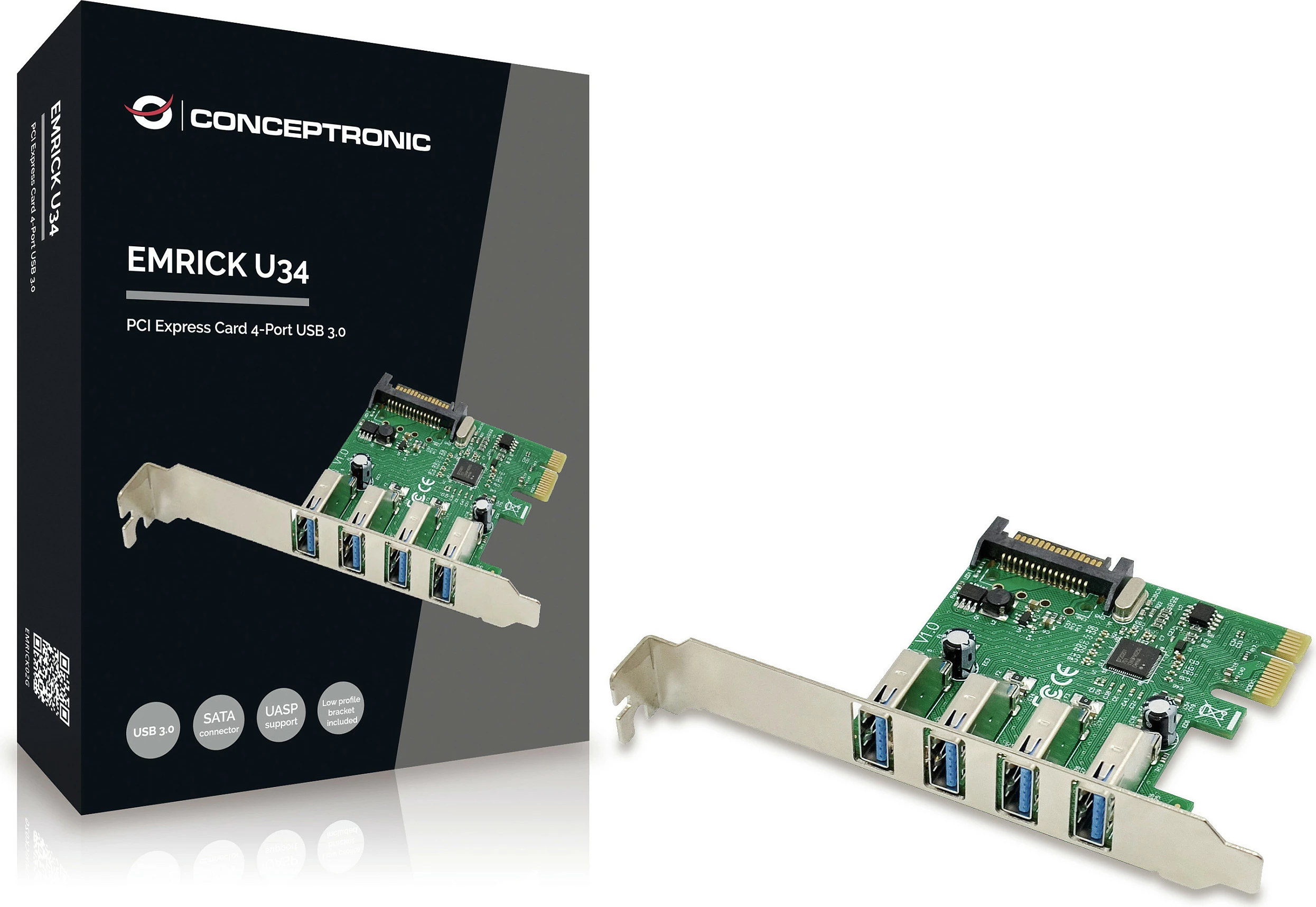 Kartë zgjerimi PCIe Conceptronic EMRICK U34, 4x USB-A 3.0 5Gbps, jeshile
