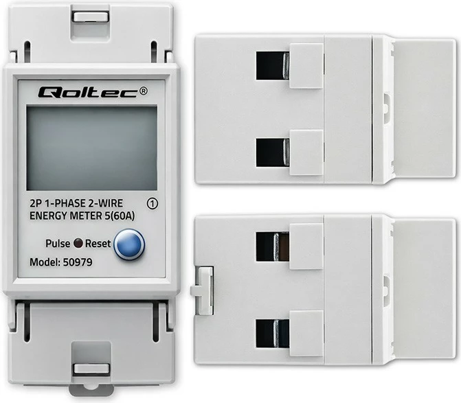 Matës konsumit energjie njëfazore Qoltec 50979, DIN TH35, 230V 60A, LCD/LED, RESET, 2P, gri