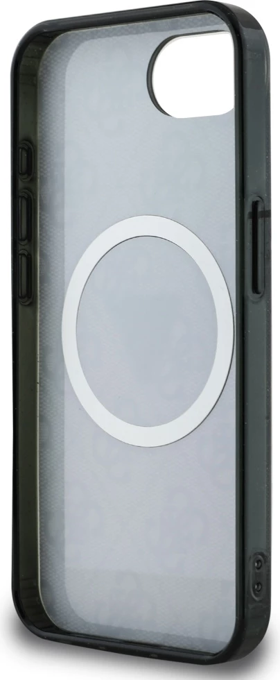 Mbështjellës Guess IML Metal Glitter 4G Circle Triangle MagSafe për iPhone 16e, i zi