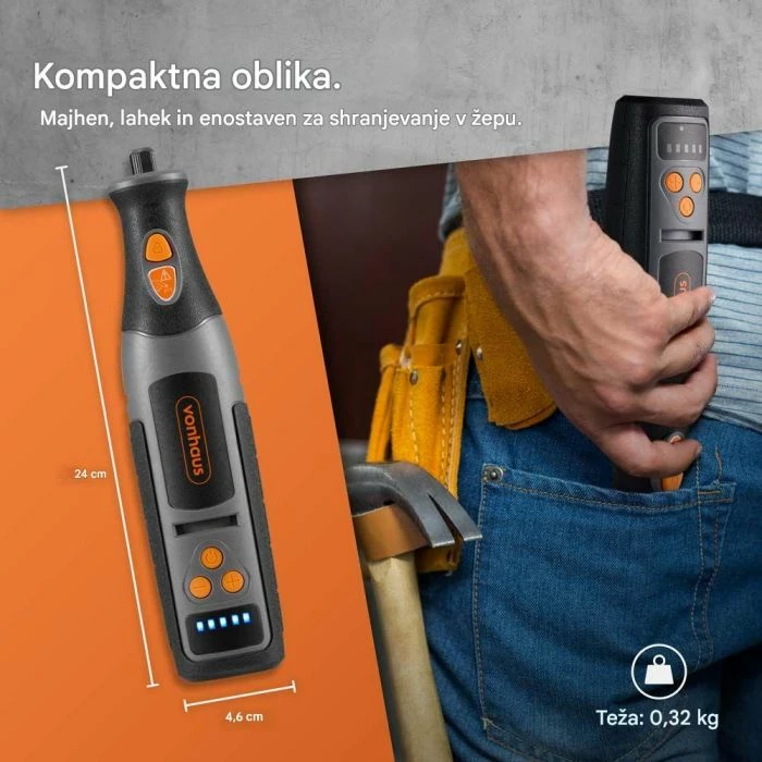 Vegël rrotulluese me bateri VONHAUS 3500392, 8V 2.5Ah, 5,000–25,000 RPM, me kasë dhe set aksesorësh, zi/portokalli