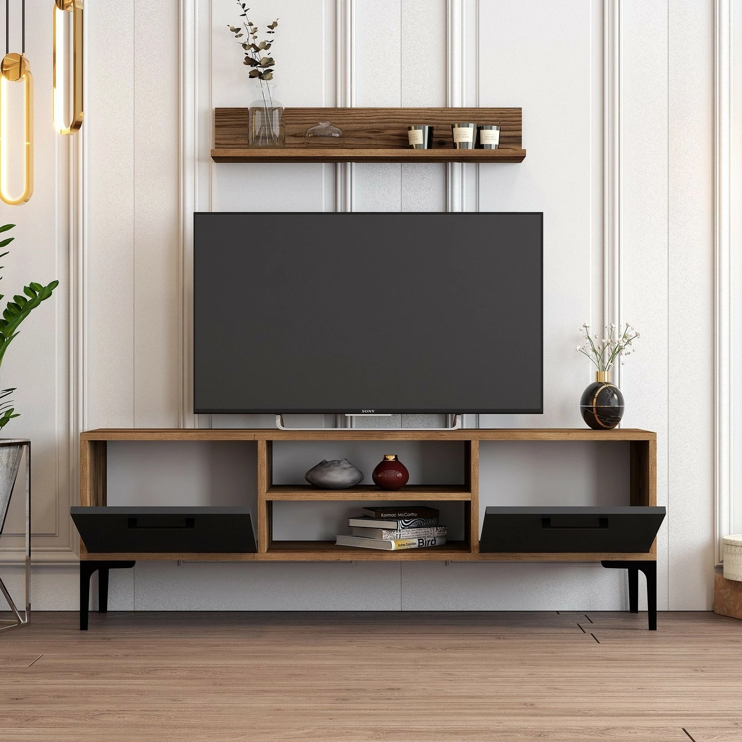 Komodë TV Hanah Home, Riga, ngjyrë arrë dhe antracit