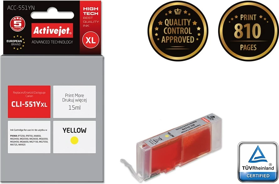 Ngjyrë zëvendësuese Activejet ACC-551YN për printer Canon, 15ml, e verdhë