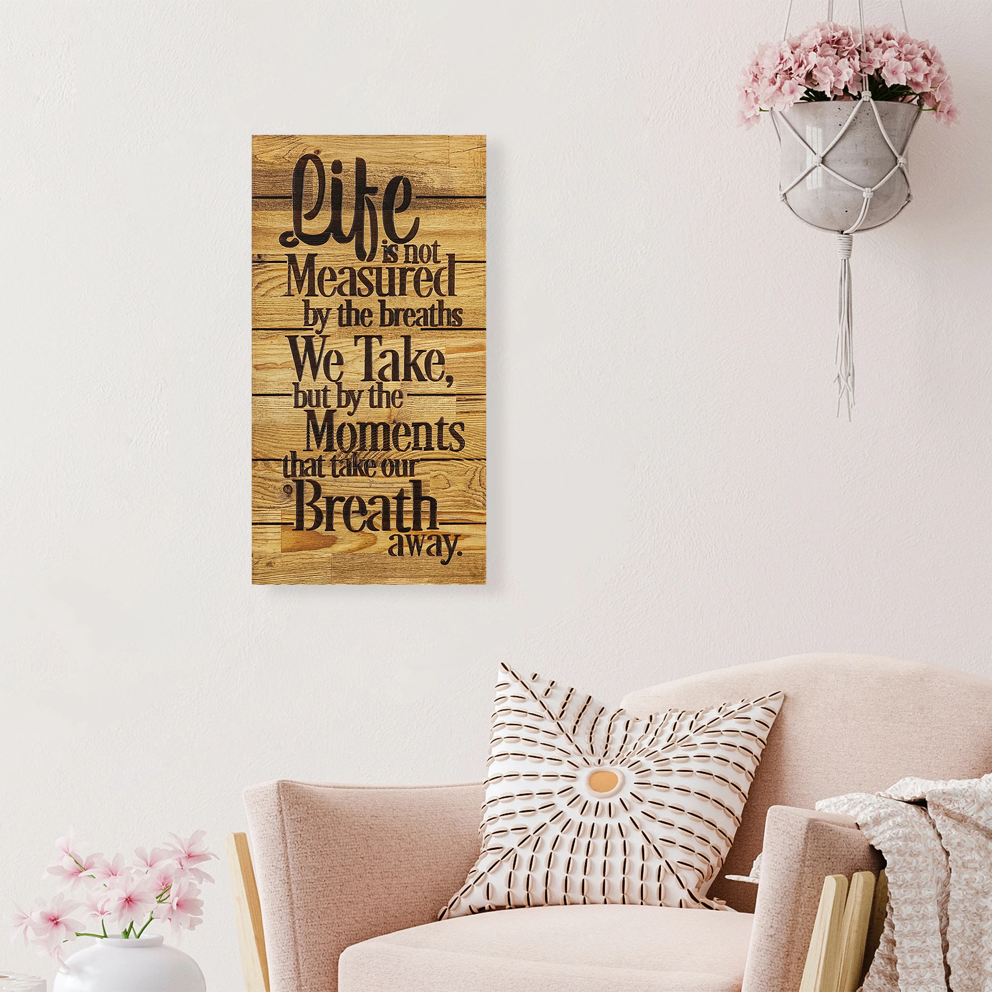 Aksesor dekorativ prej druri për mur, Wallity, Life Is Not Measured By, ngjyrë arre dhe e zezë, 30x3x58cm