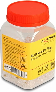 Konektor modular RJ11 DeLOCK 67020, set 100 copë, për kabllo 28-24 AWG, transparent
