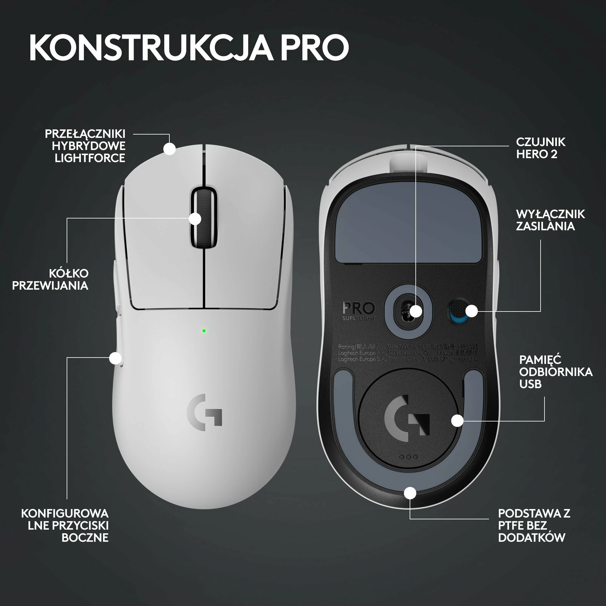 Maus Logitech G PRO X SuperLight 2 910-006638, wireless, 32000 DPI, 60 g, i bardhë