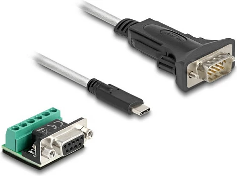 Adapter DeLOCK USB-C në Serial RS-422/RS-485 me terminal 6-pin, 0.5 m, zi/transparent