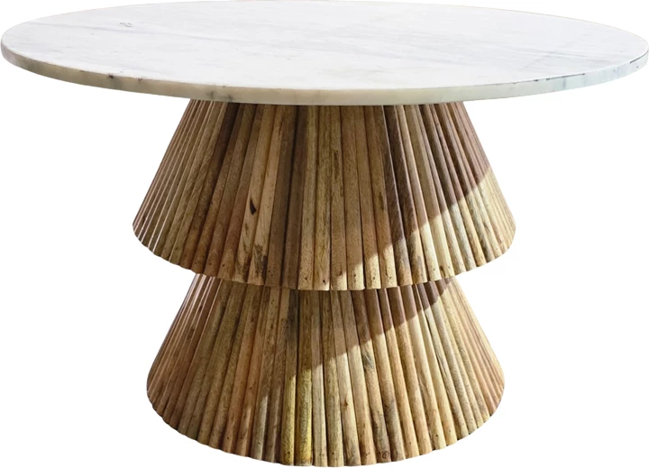 Tavolinë kafeje Havai, dru mango i fortë, ngjyrë natyrale, sipërfaqe mermeri të bardhë, D80x45cm