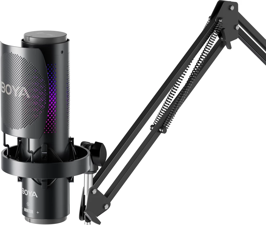 Mikrofon BOYA K9 me kabllo USB-C, 48 kHz 24-bit, RGB, me stendë tavoline dhe pop filter, i zi