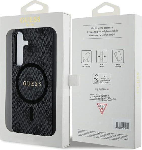 Mbështjellës Guess 4G Collection Leather Metal Logo, MagSafe, hardcase TPU/PC me lëkurë eko për Samsung Galaxy S24, i zi