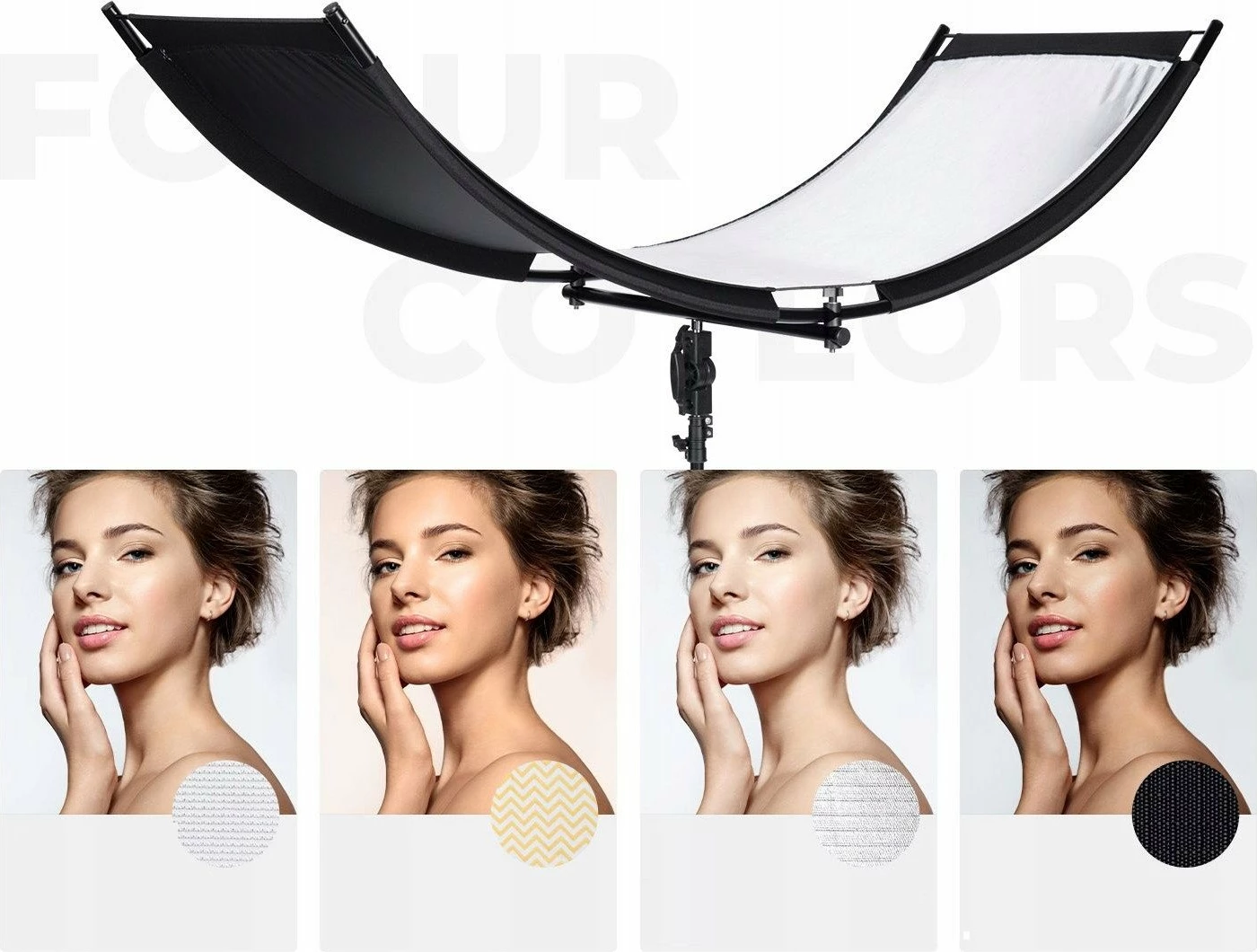 Reflektor studio i lakuar U-Shape K&F Concept KF18.0012 180x60cm 4-në-1 me tripod 67-192cm, bardhë/zi/argjend/artë, set me çantë