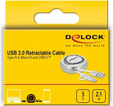 Kabllo USB DeLOCK retractable 2n1, USB-A në USB-C/Micro-USB, 0.92 m, USB 2.0, 2.1A, argjend/bardhë